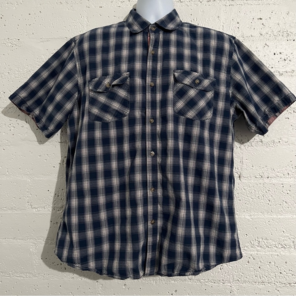 PD&C Mens Button Up Shirt XL Blue Plaid Short Sleeve 100% Cotton H8